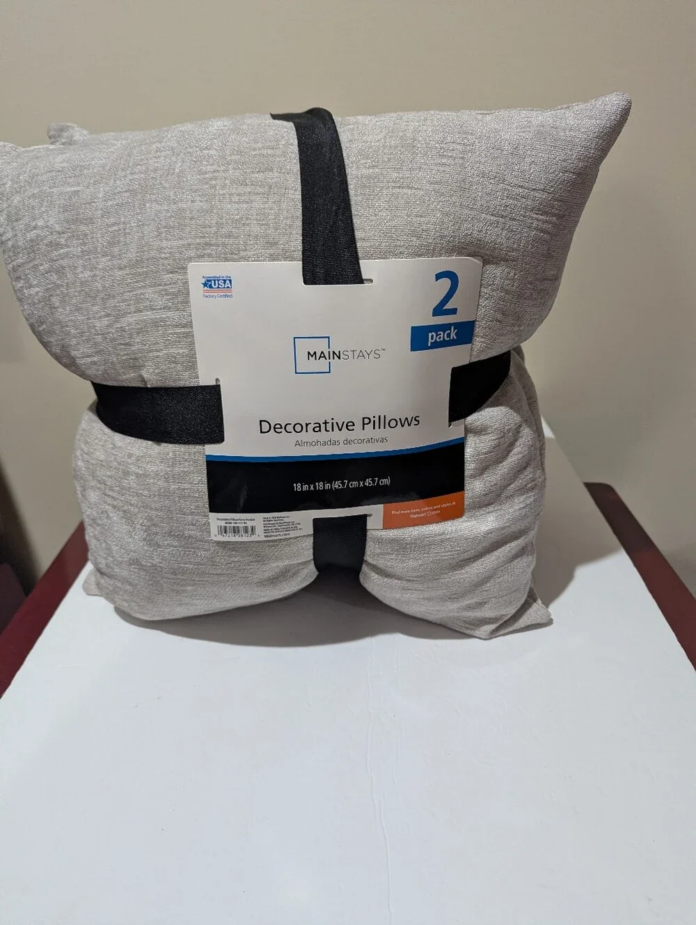 2 NEW Neutral Gray Pumice Decorative Throw Pillow with Black Ribbon. 18